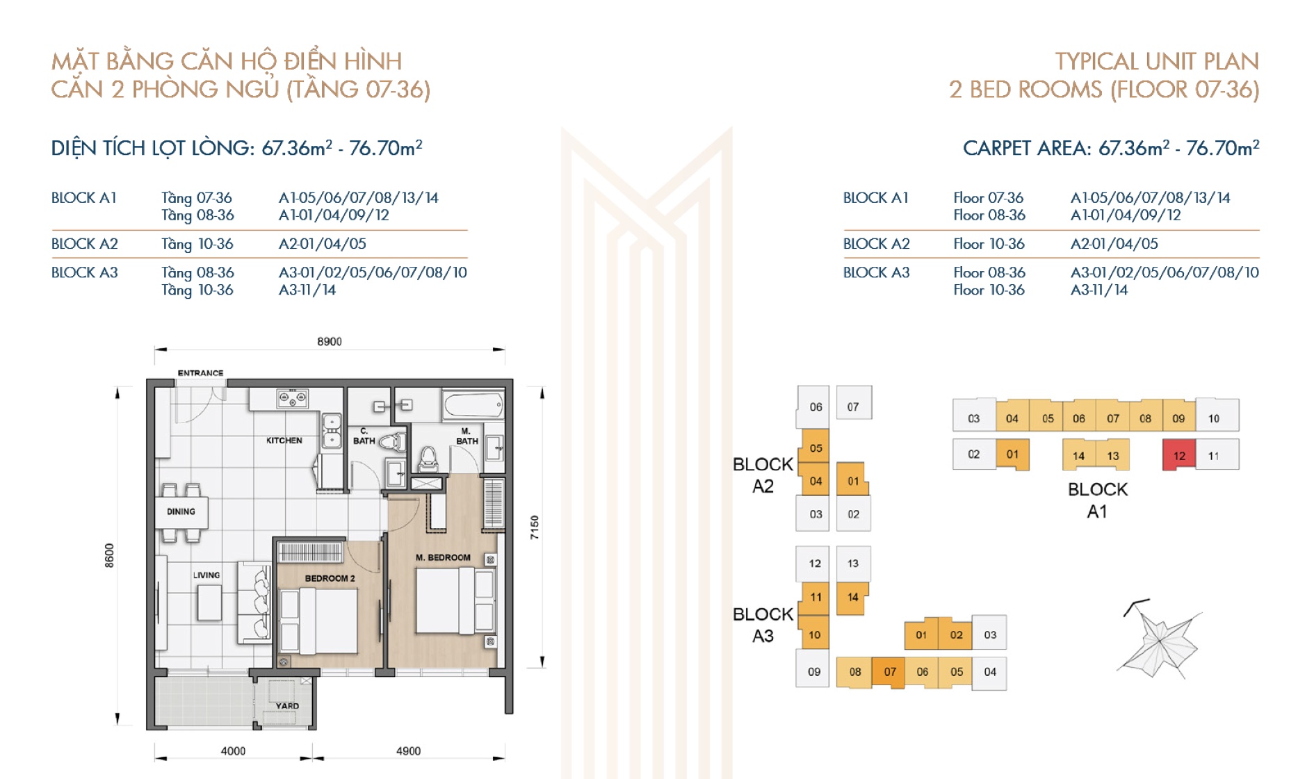 Mặt bằng thiết kế căn hộ 2 phòng ngủ The Grand Manhattan tầng 07 đến 36