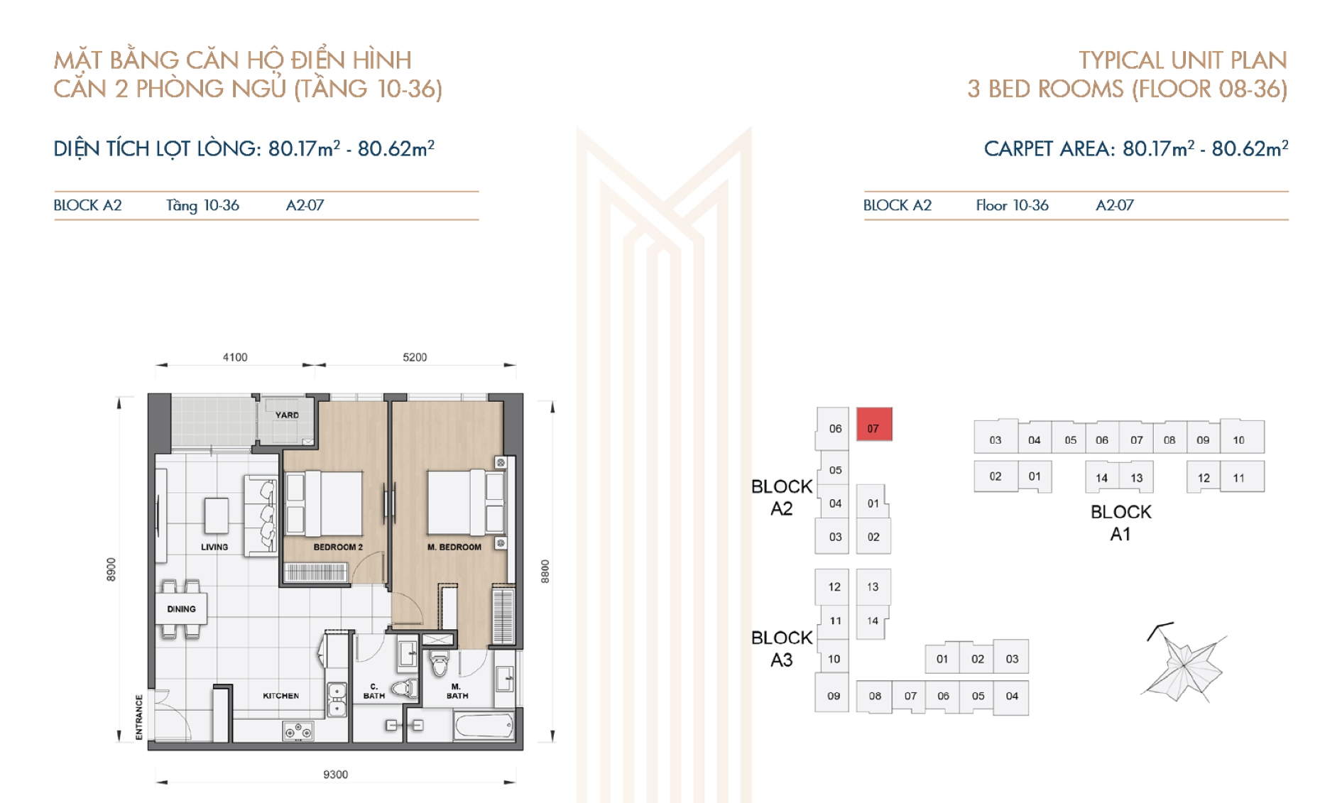 Bản vẽ layout căn hộ 2 phòng ngủ The Grand Manhattan tầng 10 đến 36