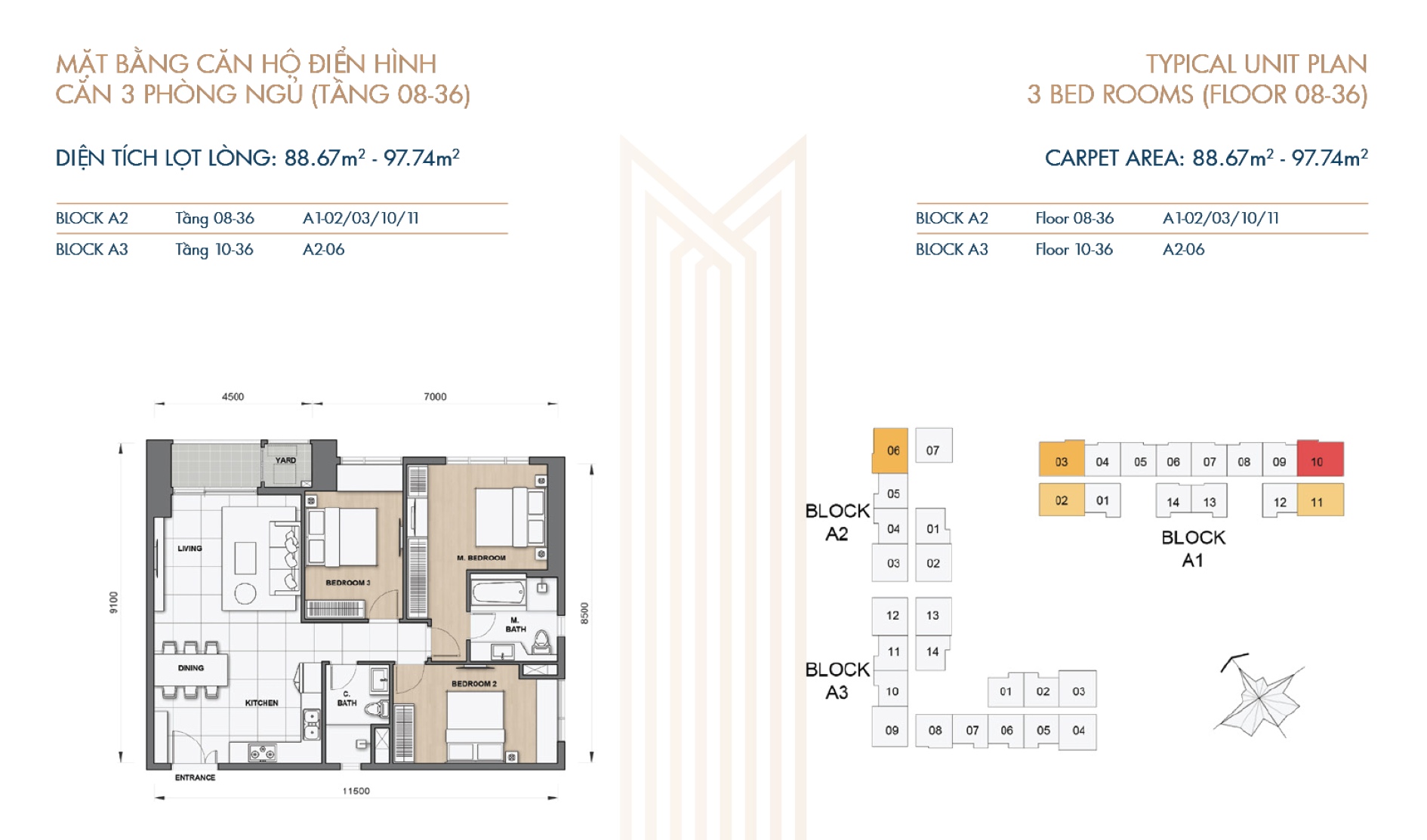 Mặt bằng thiết kế căn hộ 3 phòng ngủ The Grand Manhattan tầng 08 đến 36