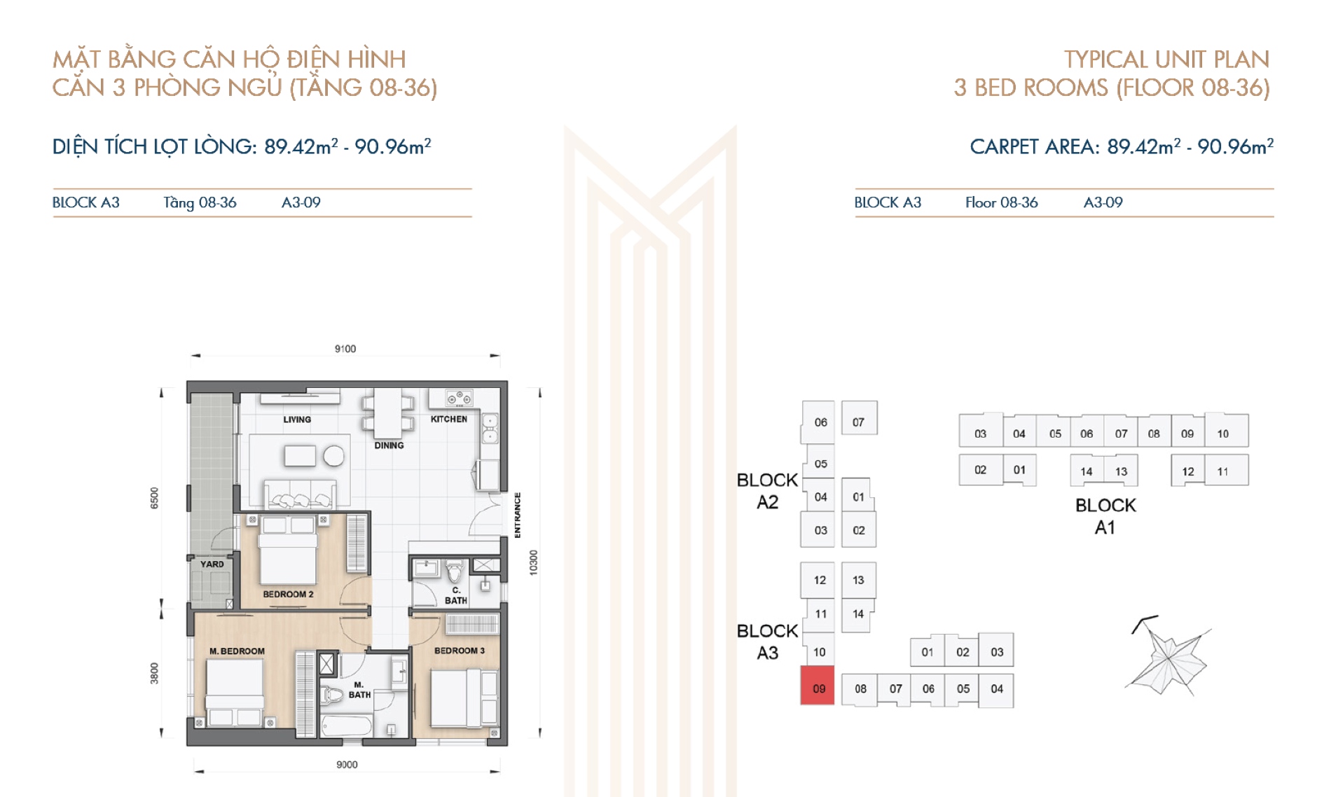 Mặt bằng bố trí căn hộ 3 phòng ngủ The Grand Manhattan mẫu 2 tầng 8 đến 36