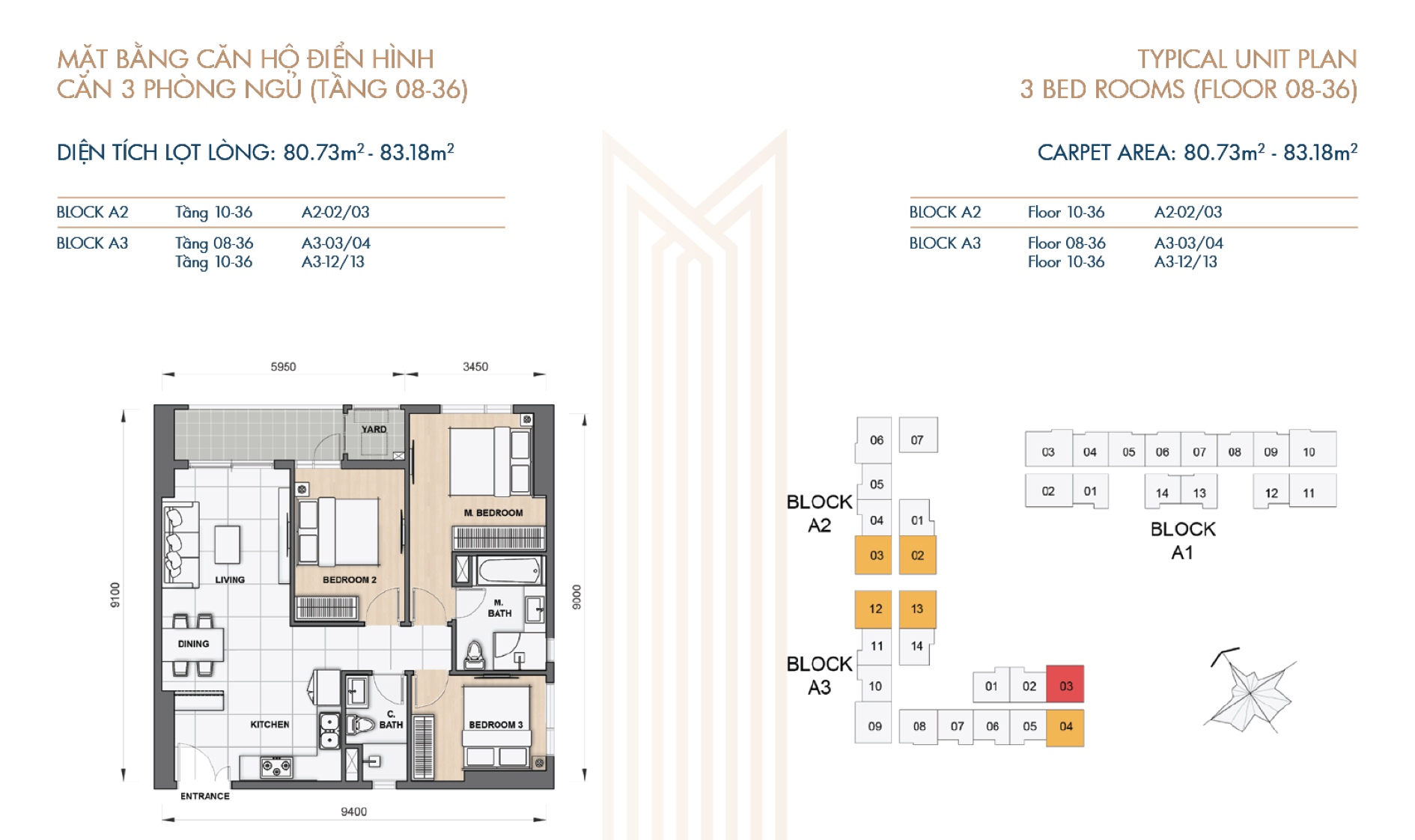 Thiết kế layout căn hộ 3 phòng ngủ The Grand Manhattan căn góc tầng 8 đến 36